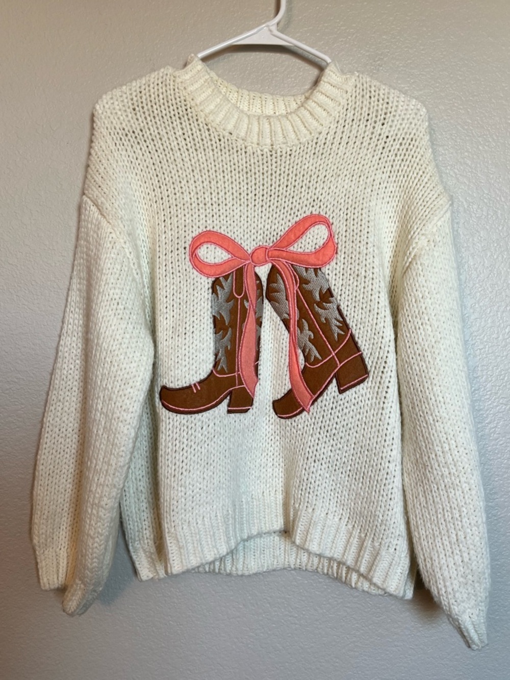 Altar’d State Jessi Women’s Small Cowgirl Boots Bow Sweater Ivory NWOT